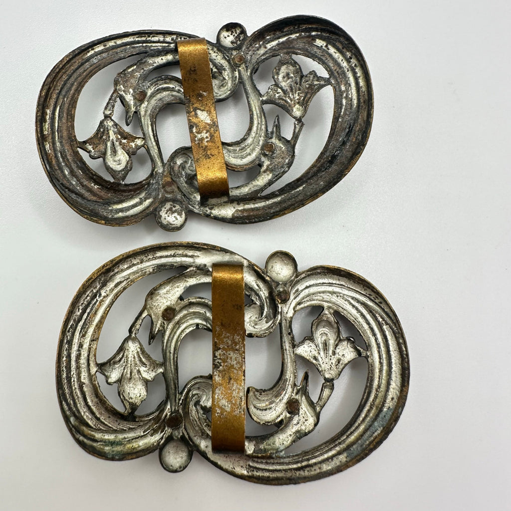 Antique Art Nouveau Victorian pair matching set brass floral cut steel buckles