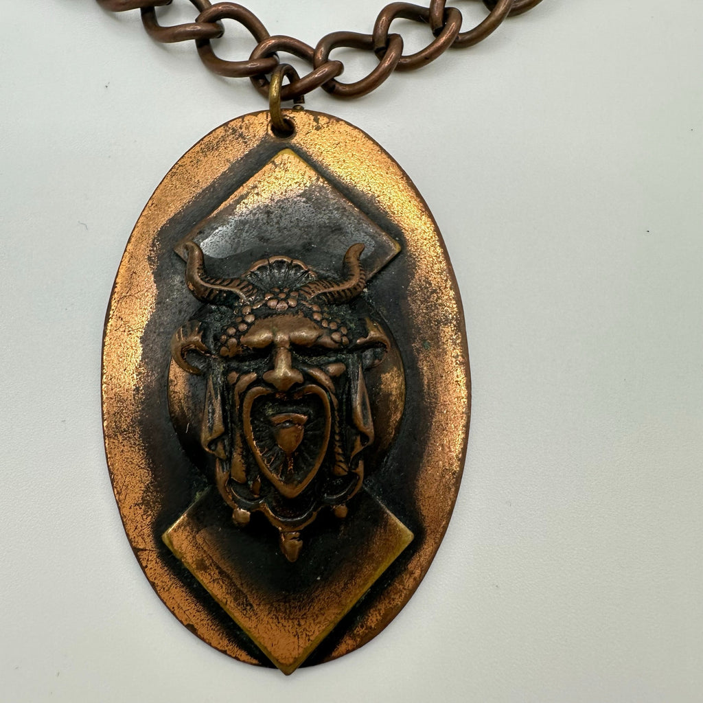 Vintage 1970s cast copper Viking figural pendant curb link chain necklace