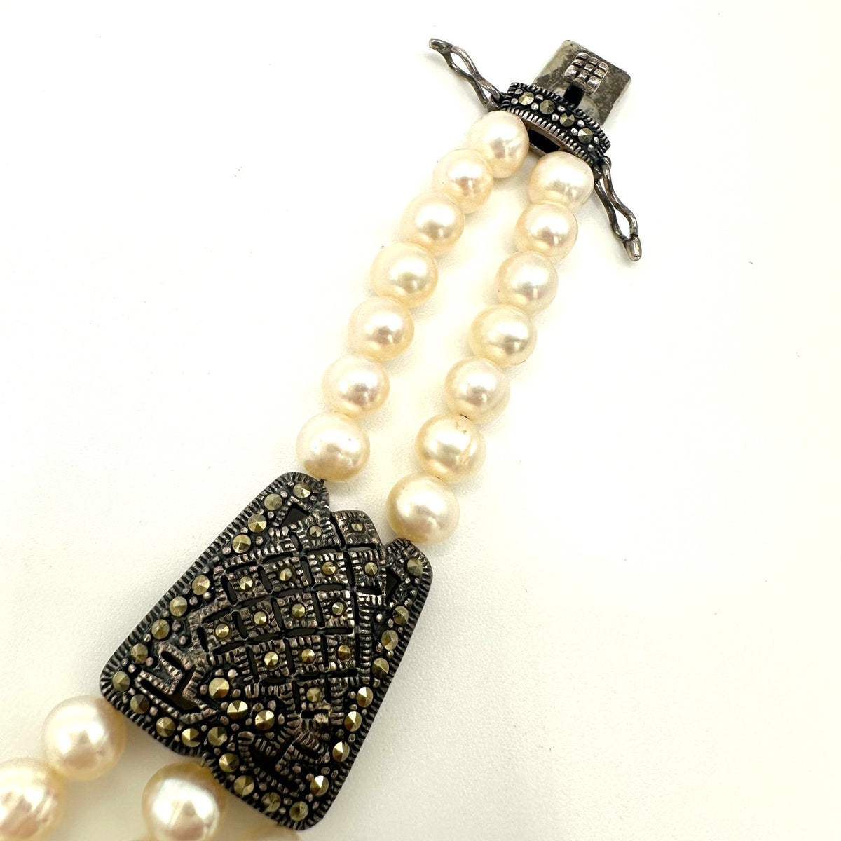 NF Thailand 925 sterling silver marcasite real freshwater pearls bracelet 32.40g