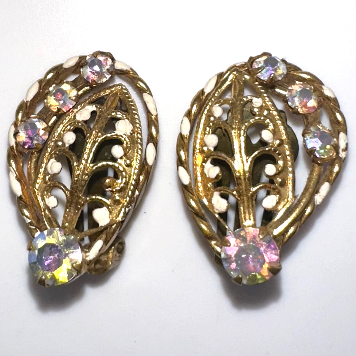 Austria vintage gold tone filigree leaves AB rhinestones clip on earrings