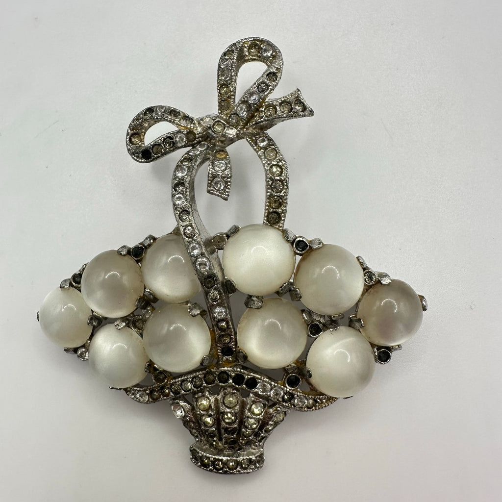 Coro 1941 silver rhodium plated white moonglow lucite rhinestones basket brooch