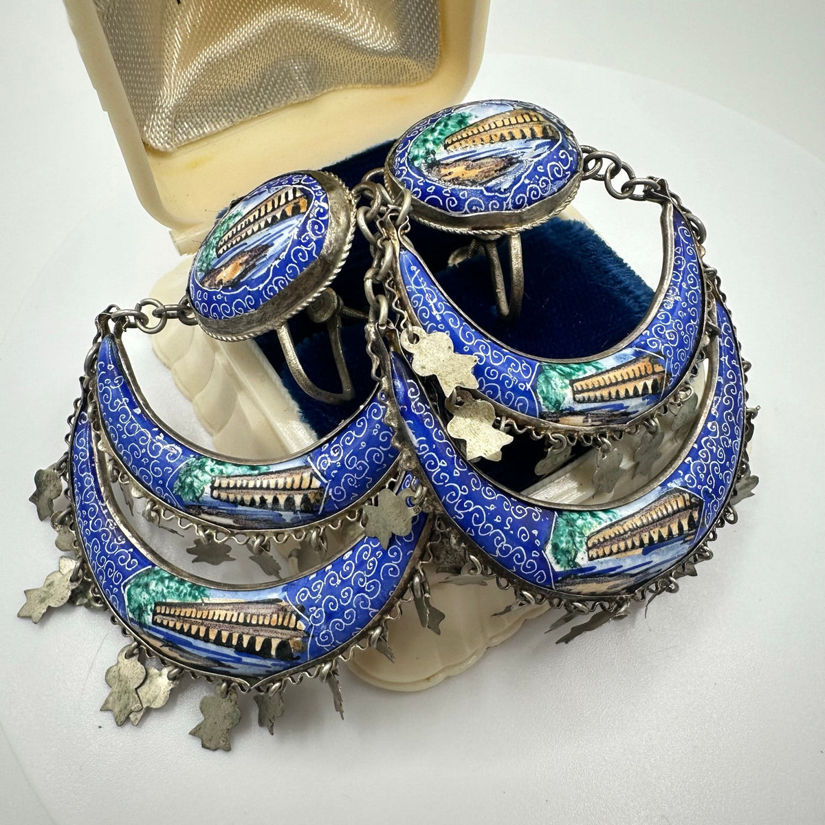 Antique vintage Perisan 800 silver handpainted Minakari screw back earrings