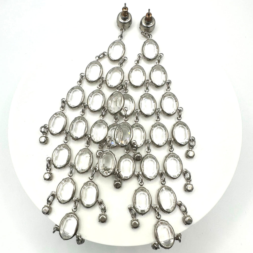 Vintage silver tone clear bezel collet set rhinestones 5" drop post earrings