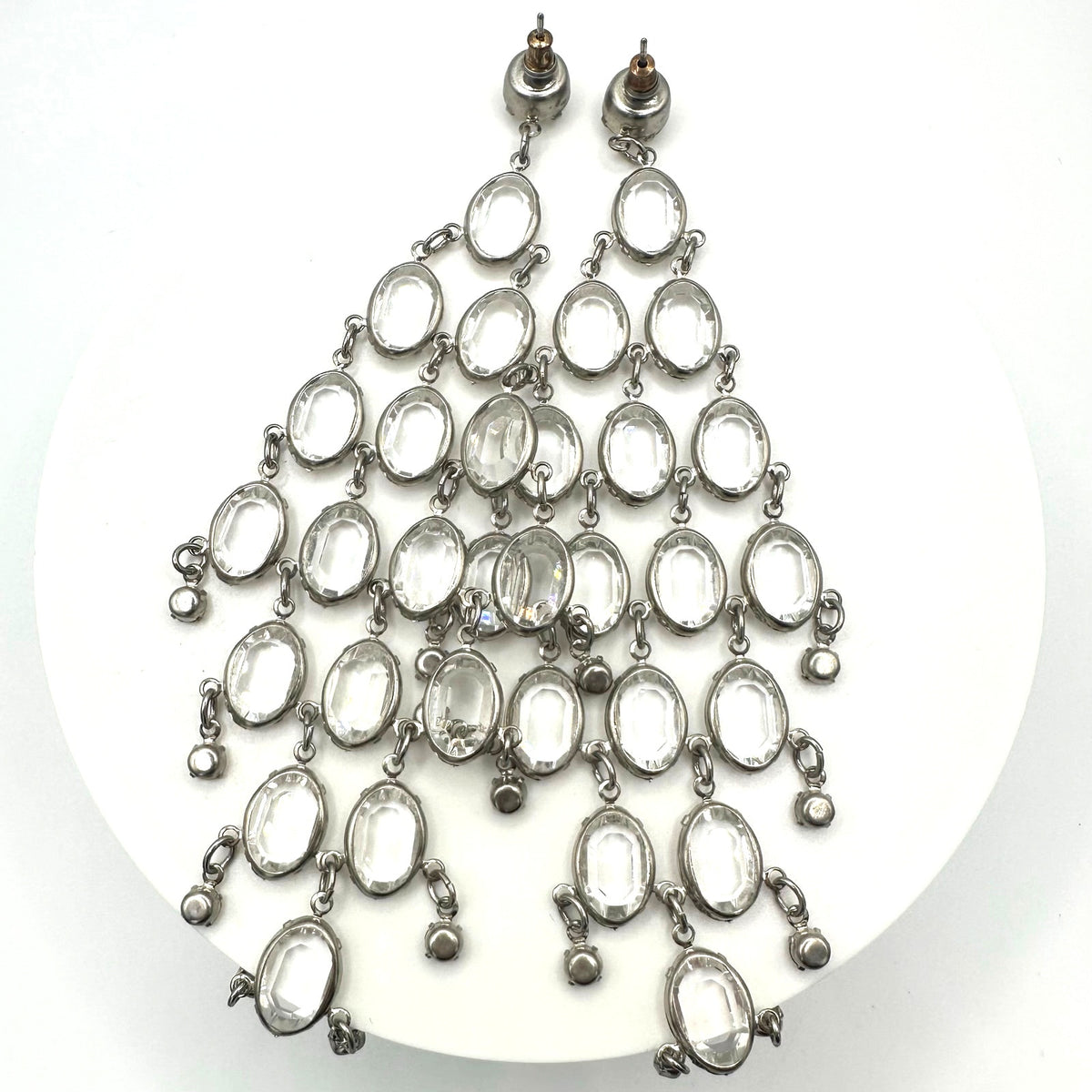 Vintage silver tone clear bezel collet set rhinestones 5" drop post earrings
