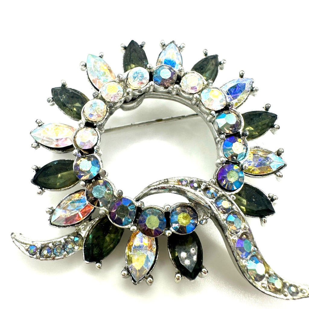 Star vintage silver tone clear gray AB aurora borealis rhinestones wreath brooch