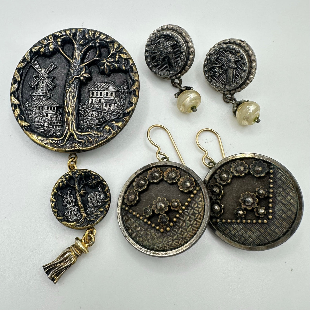 Bundle lot antique Victorian pictorial buttons upcycled brooch 2 pair earrings