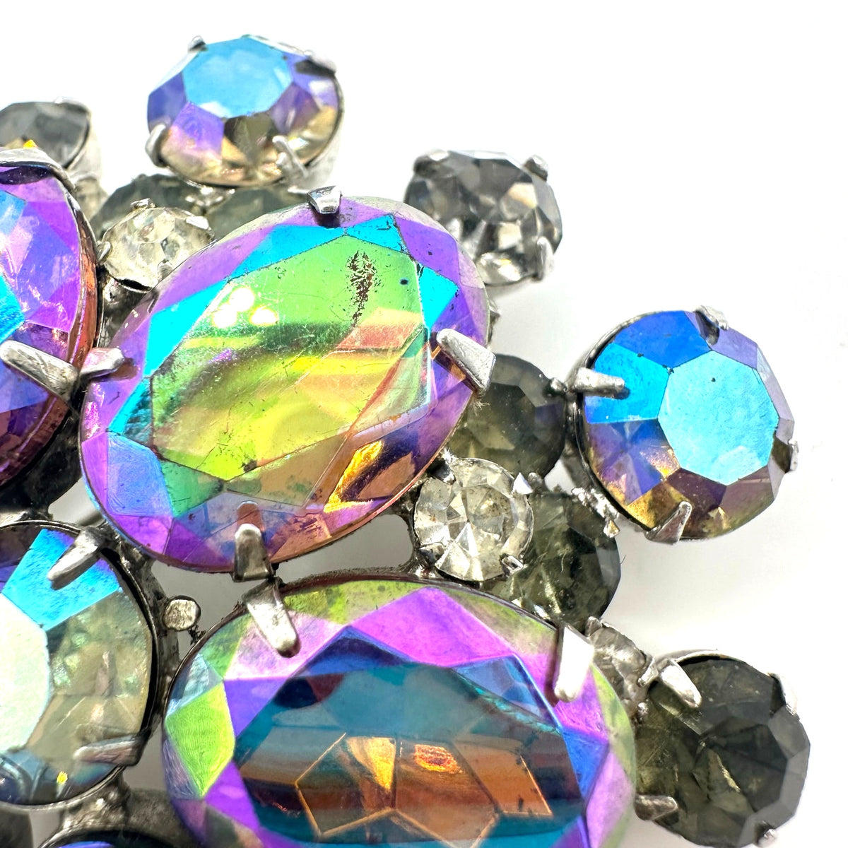 Juliana vintage silver tone aurora borealis AB gray rhinestones headlight brooch