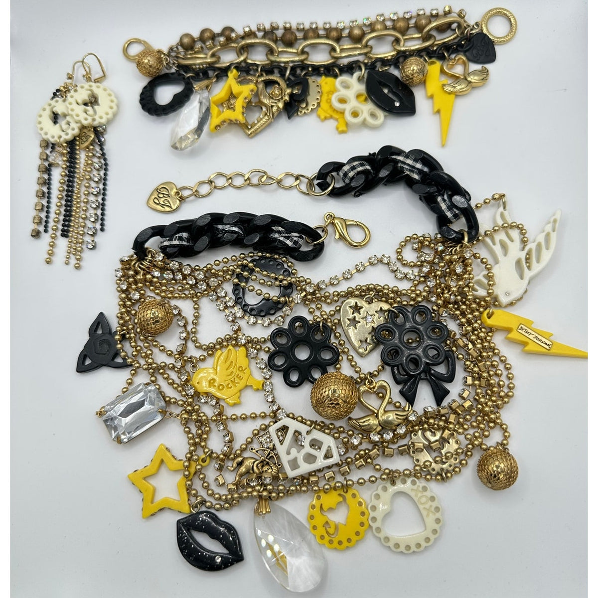 Betsey Johnson Rocker Chic gold tone charms necklace bracelet earrings set