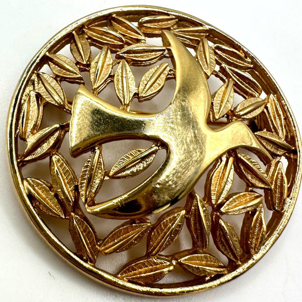 Michele Lynn signed vintage gold tone dove bird leaves round circular brooch
