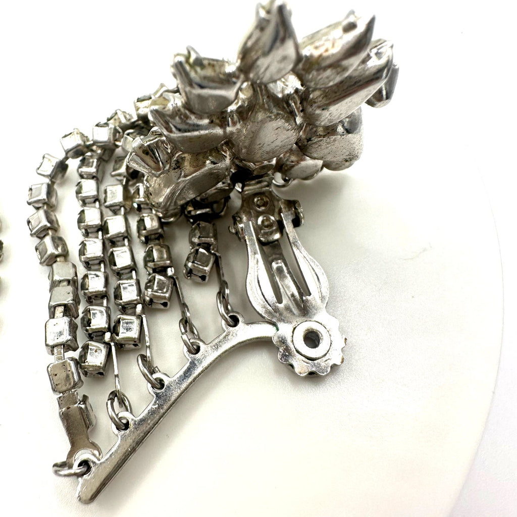 Vintage silver tone clear rhinestones swag chains fringe clip on earrings