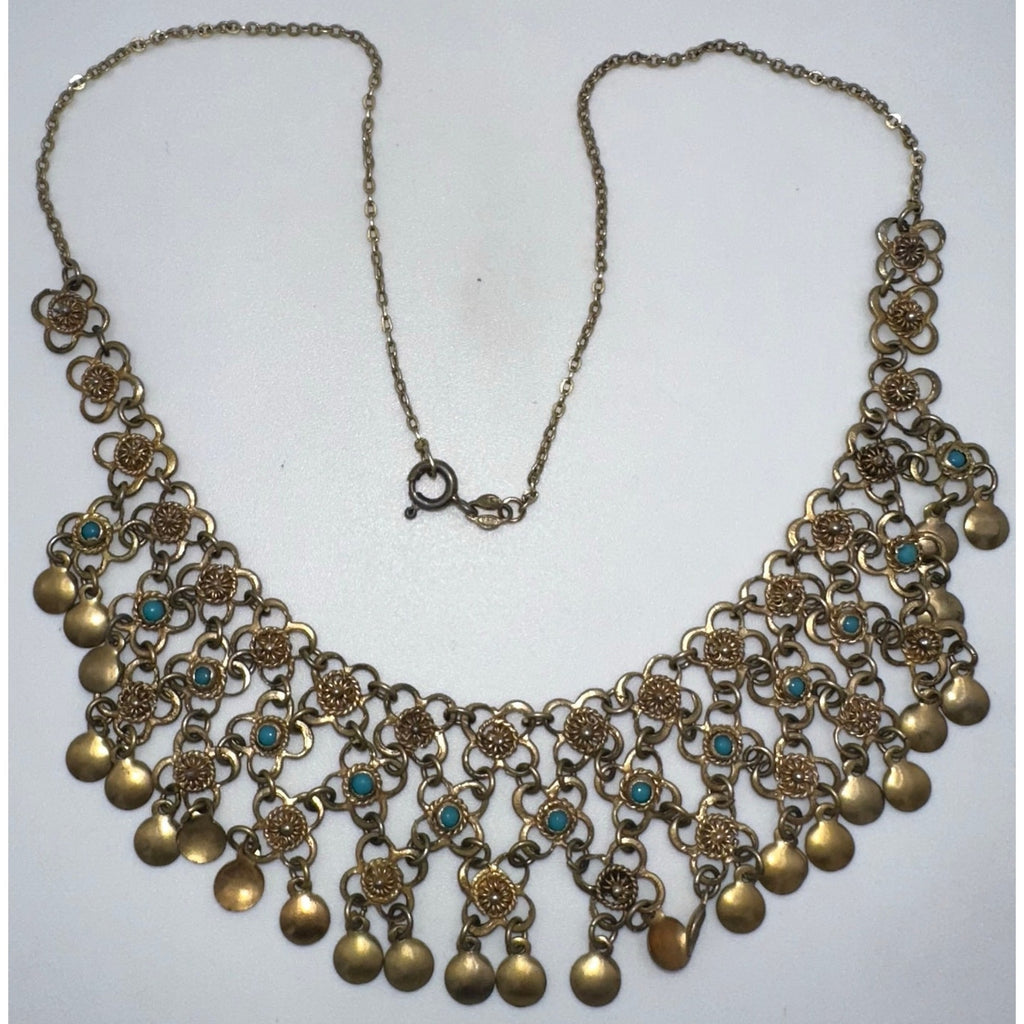 925 sterling silver gold vermeil filigree genuine turquoise chain bib necklace