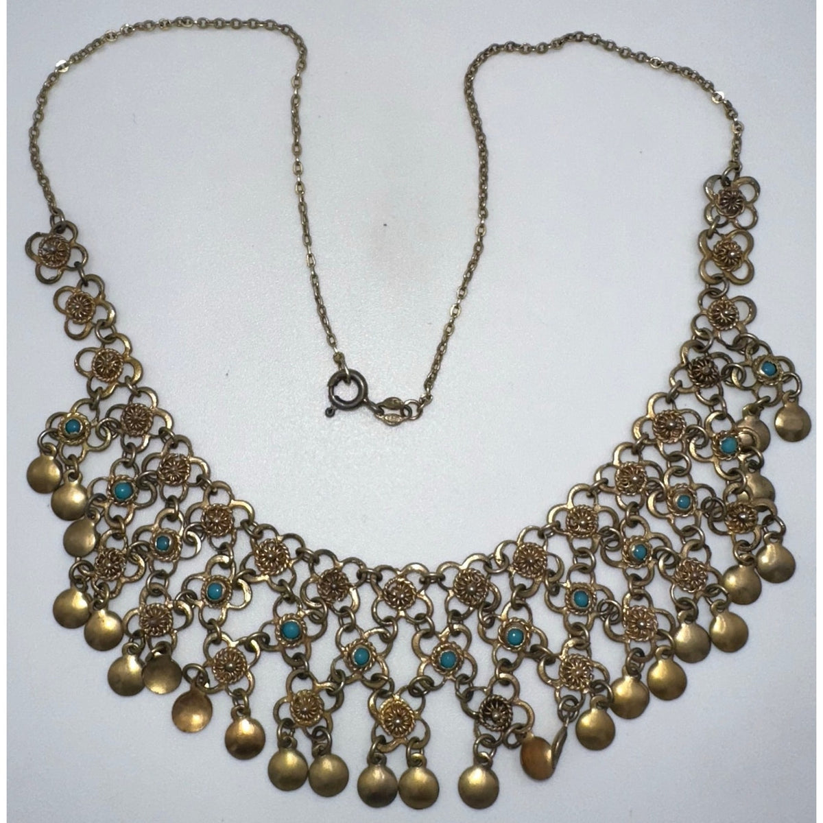 925 sterling silver gold vermeil filigree genuine turquoise chain bib necklace