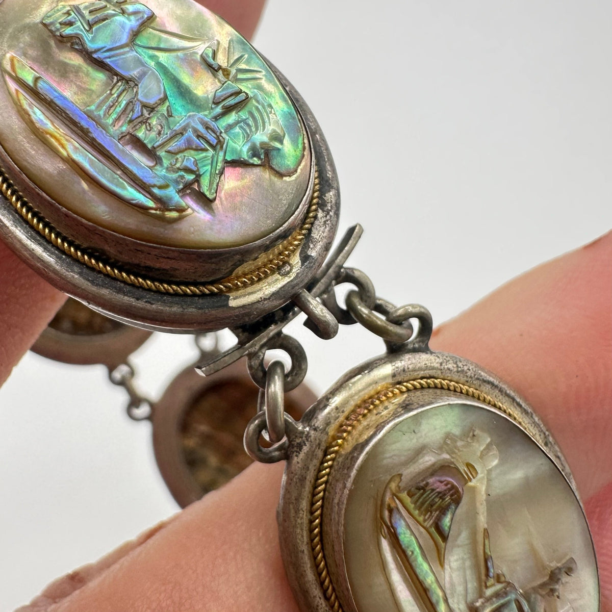 Vintage 800 silver carved genuine abalone shell cameos panel 7.25" bracelet