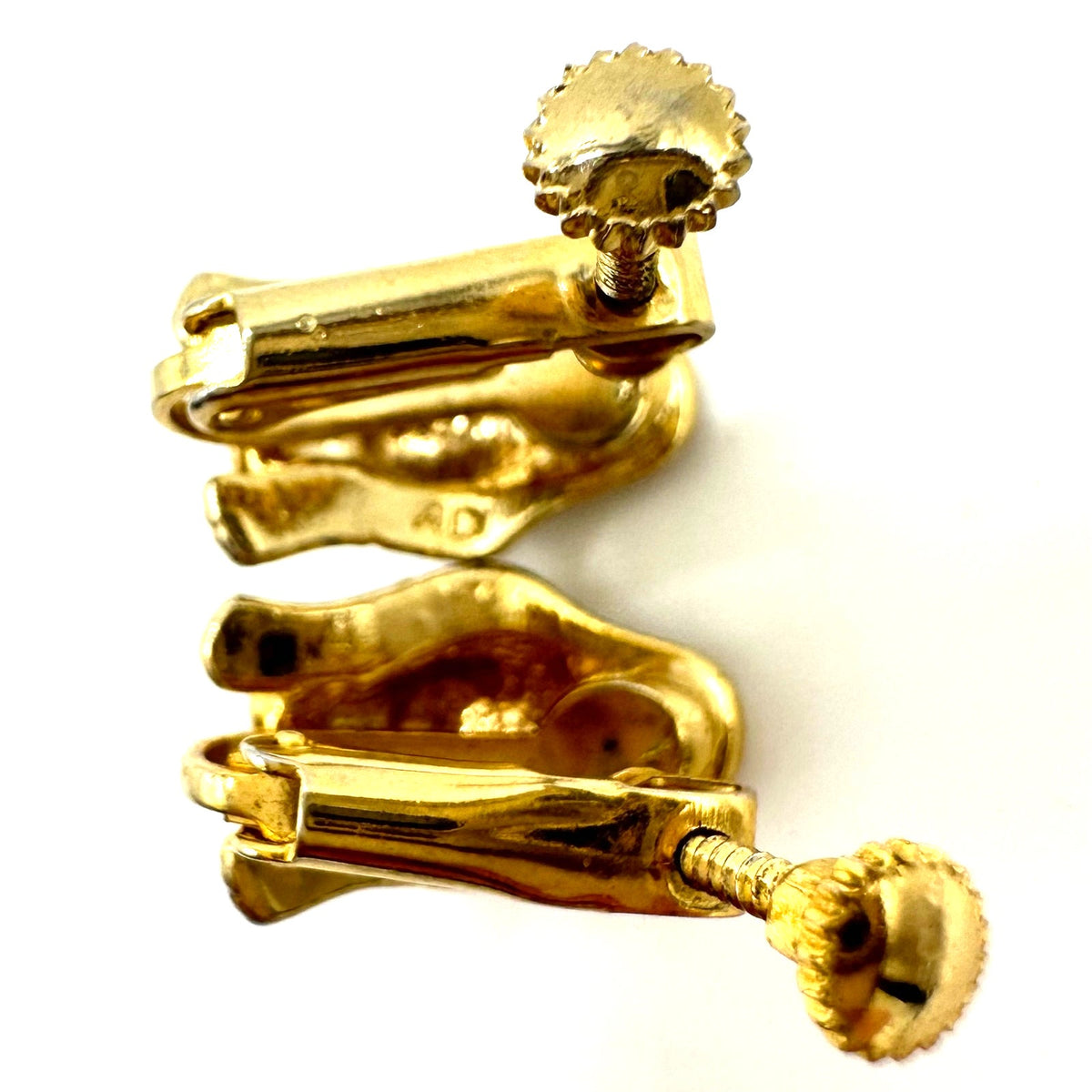 AD signed vintage gold tone clear black rhinestones big cat clip on earrings