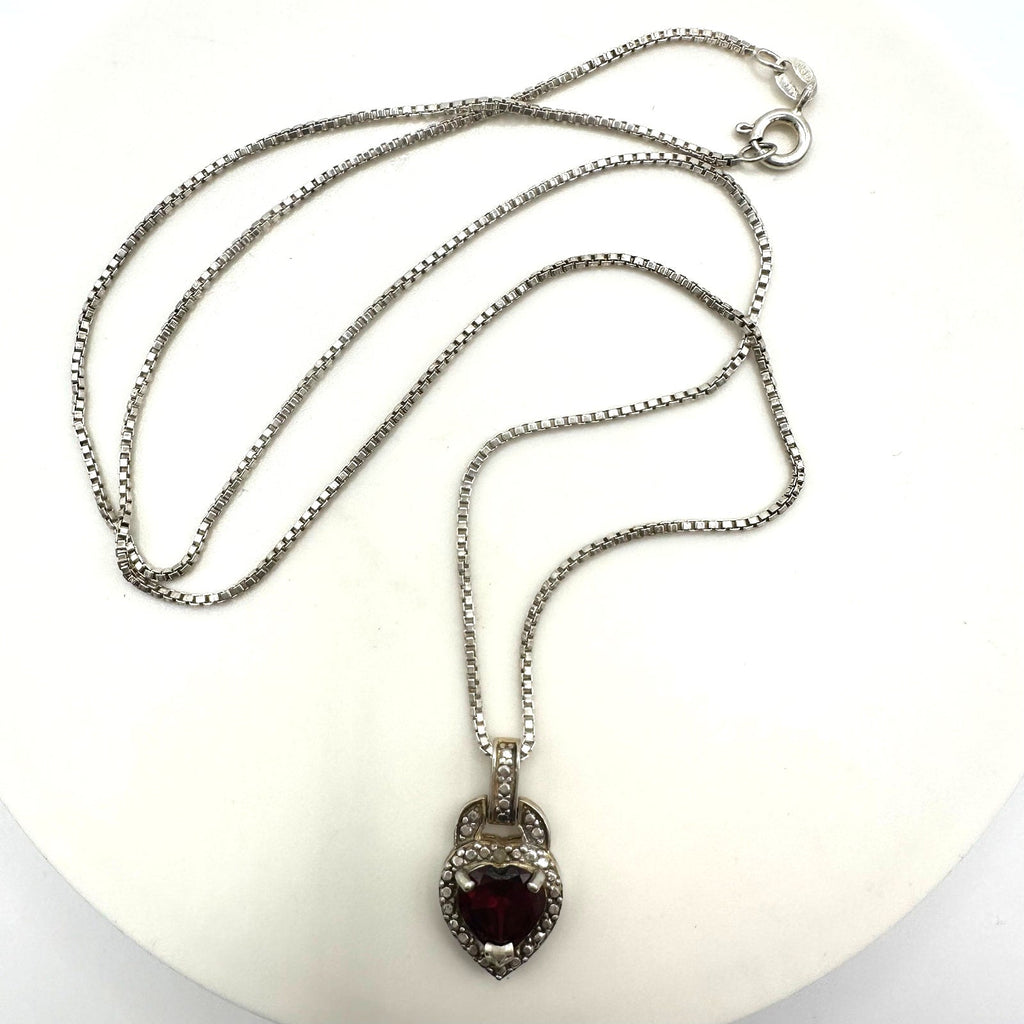 FAS Thai 925 sterling silver real garnet heart pendant 20" box chain necklace