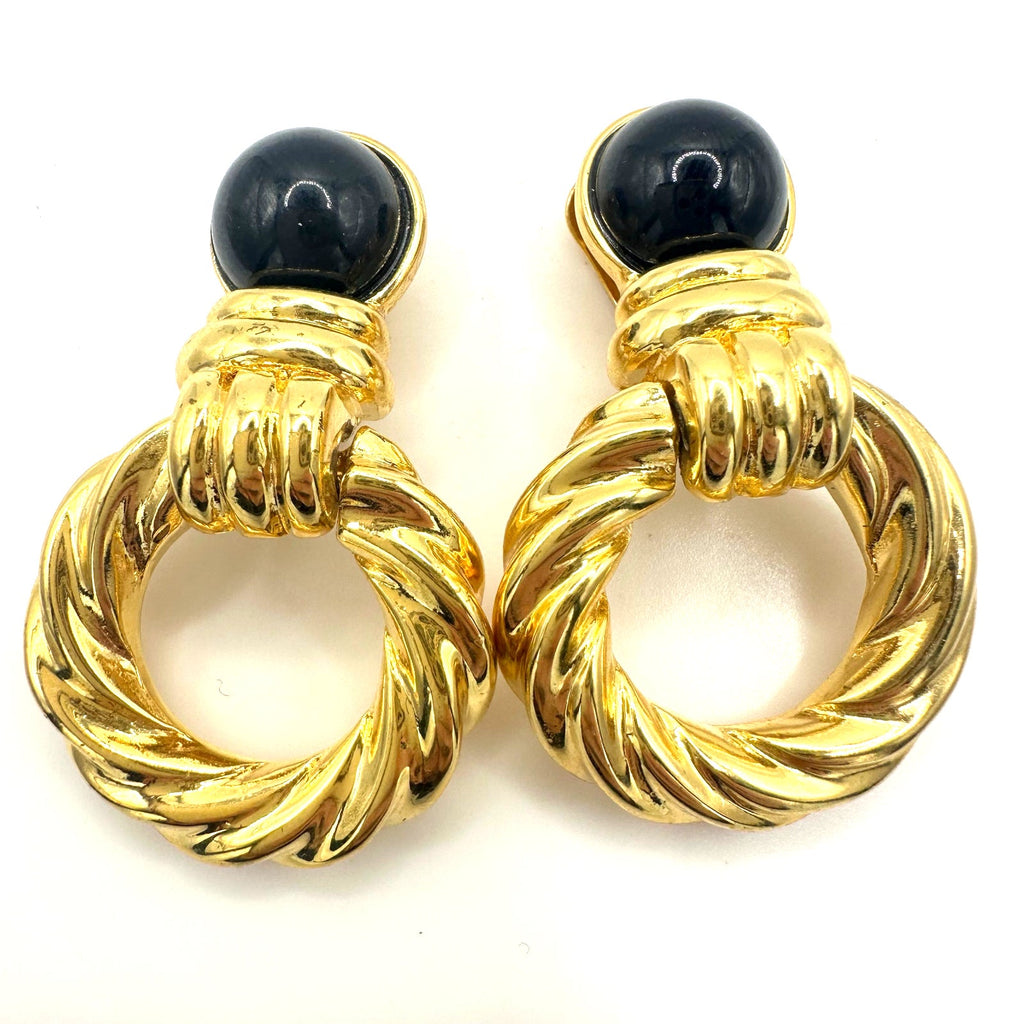 Replica signed vintage gold tone black lucite door knocker clip on earrings