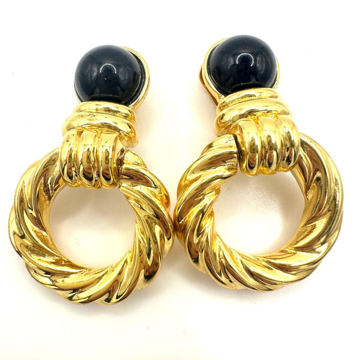 Replica signed vintage gold tone black lucite door knocker clip on earrings