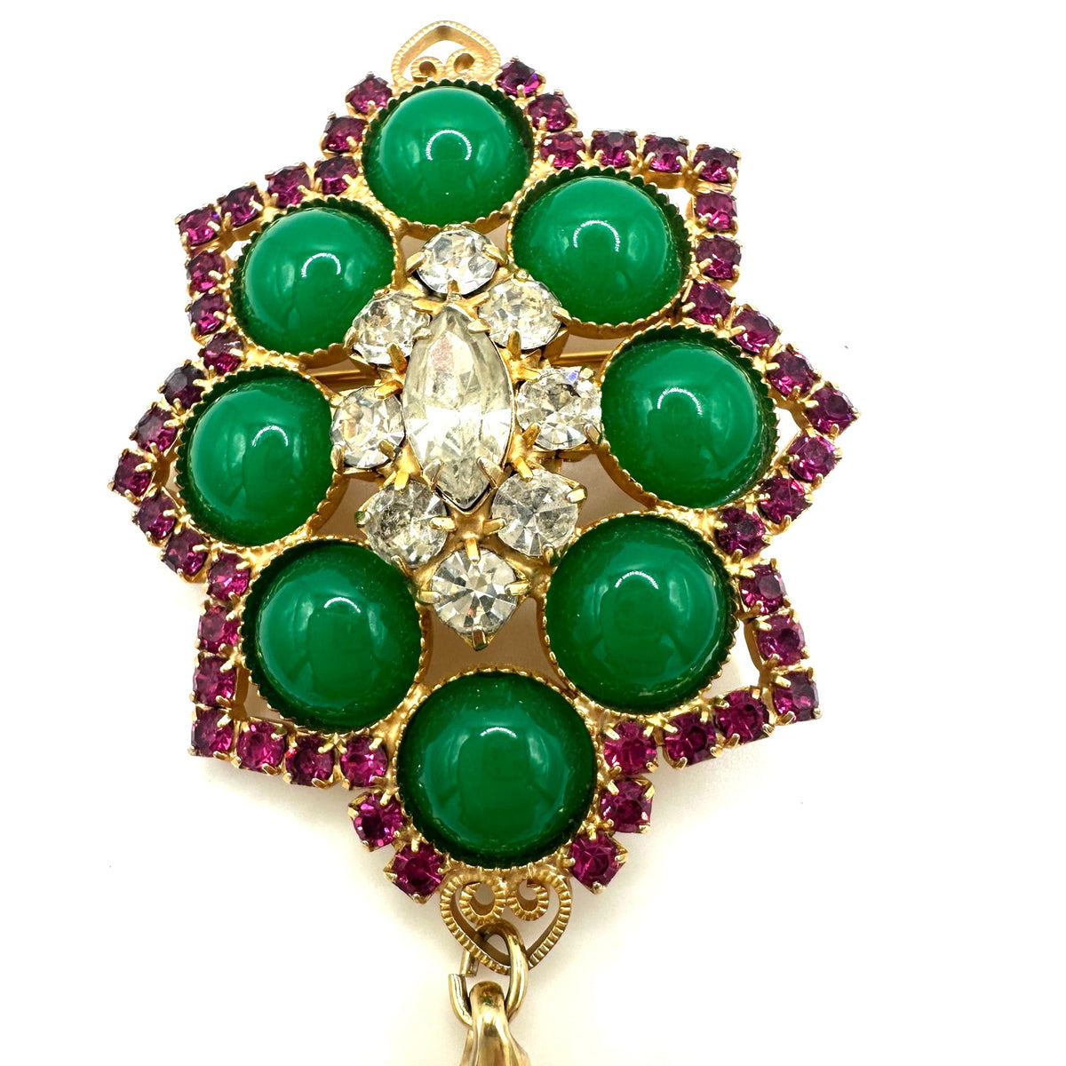 Juliana gold tone pink clear rhinestones green cabochons chains fringe brooch