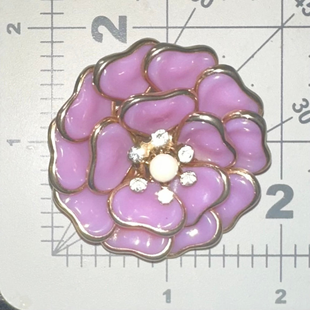 1950s vintage gold tone opaque pink molded glass layered flower floral brooch