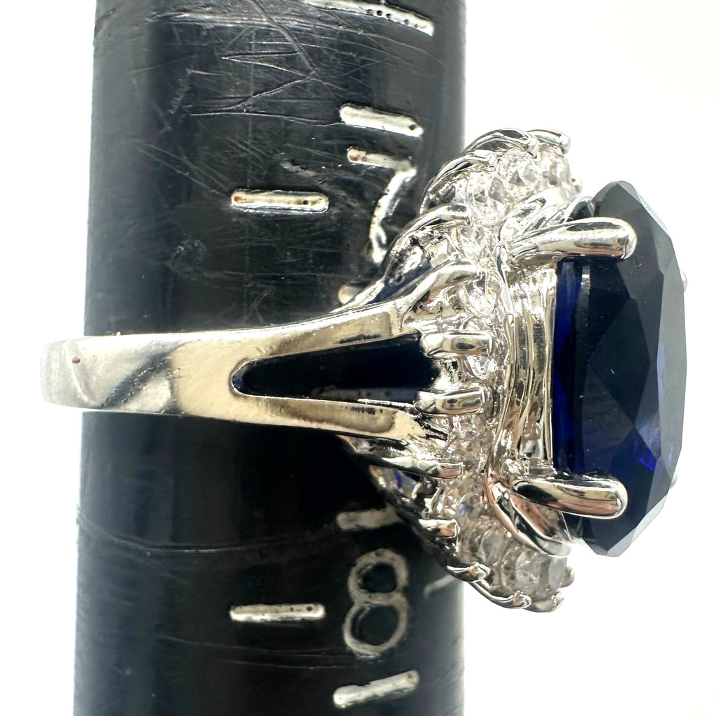 Avon RJ 125th anniversary silver tone royal blue clear cubic zirconia ring 7.5