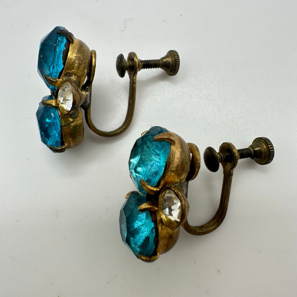 Antique gold tone blue Czech glass clear rhinestones screw back earrings