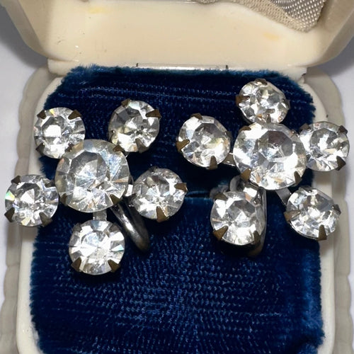 1940s vintage retro clear rhinestones starburst silver tone screw back earrings