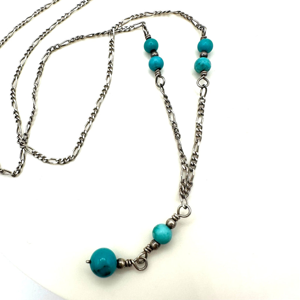 Vintage 925 sterling silver genuine turquoise beaded y-drop chain necklace