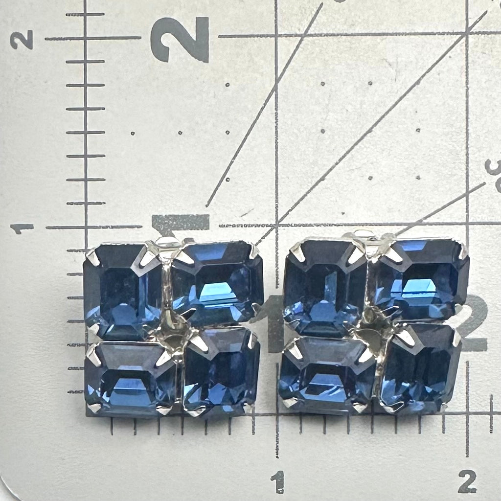 Vintage silver tone large Montana blue glass rhinestones clip on earrings