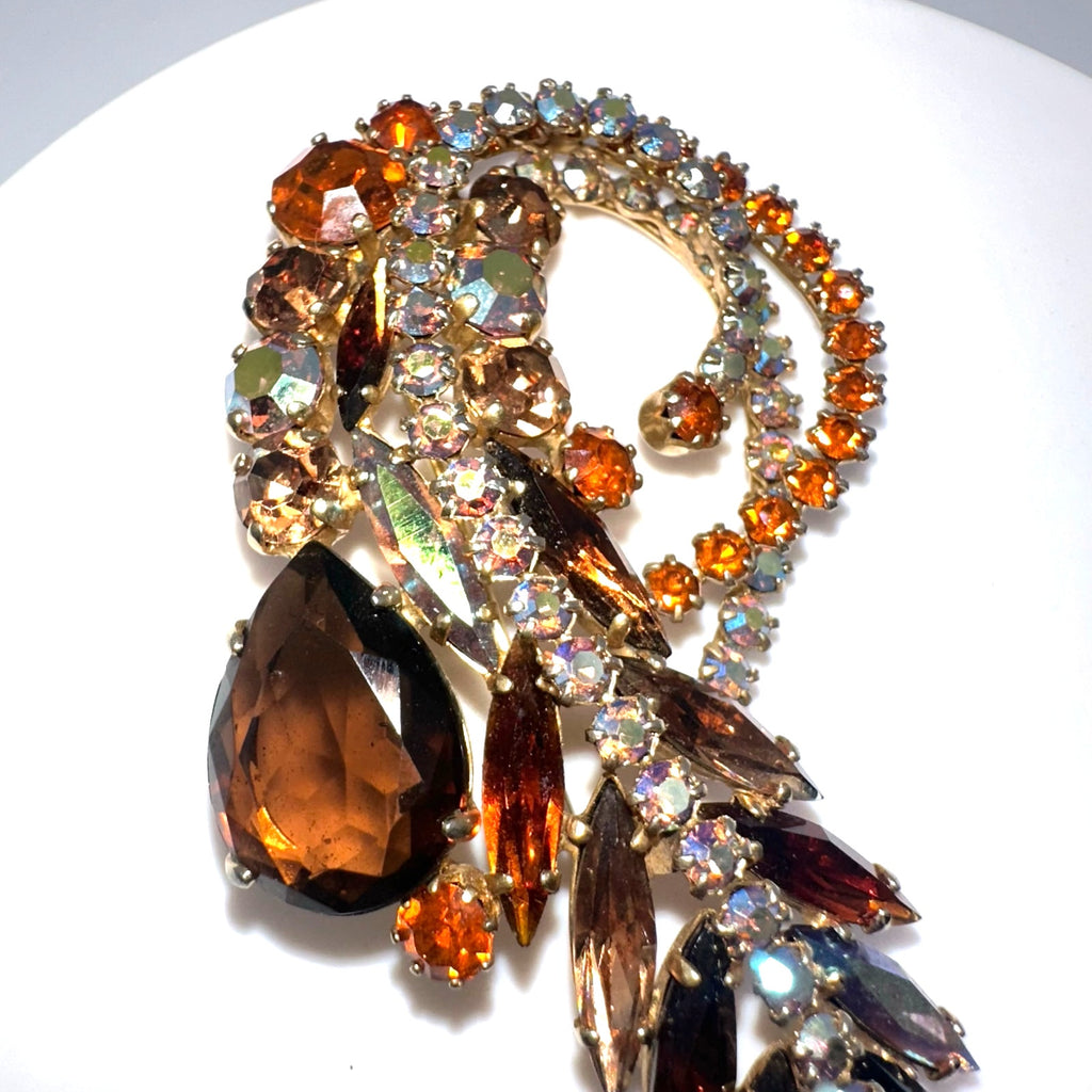 Vintage gold tone amber brown topaz glass AB aurora borealis rhinestones brooch