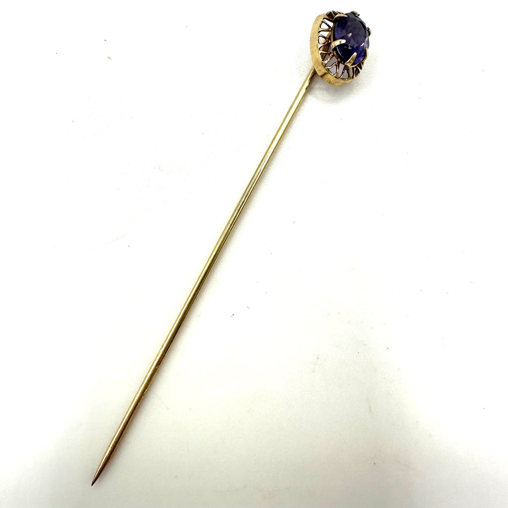 Antique Victorian solid 10kt yellow gold purple glass stick pin brooch