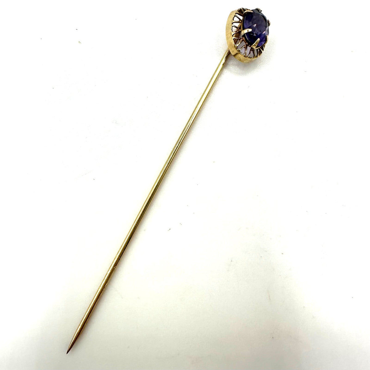 Antique Victorian solid 10kt yellow gold purple glass stick pin brooch