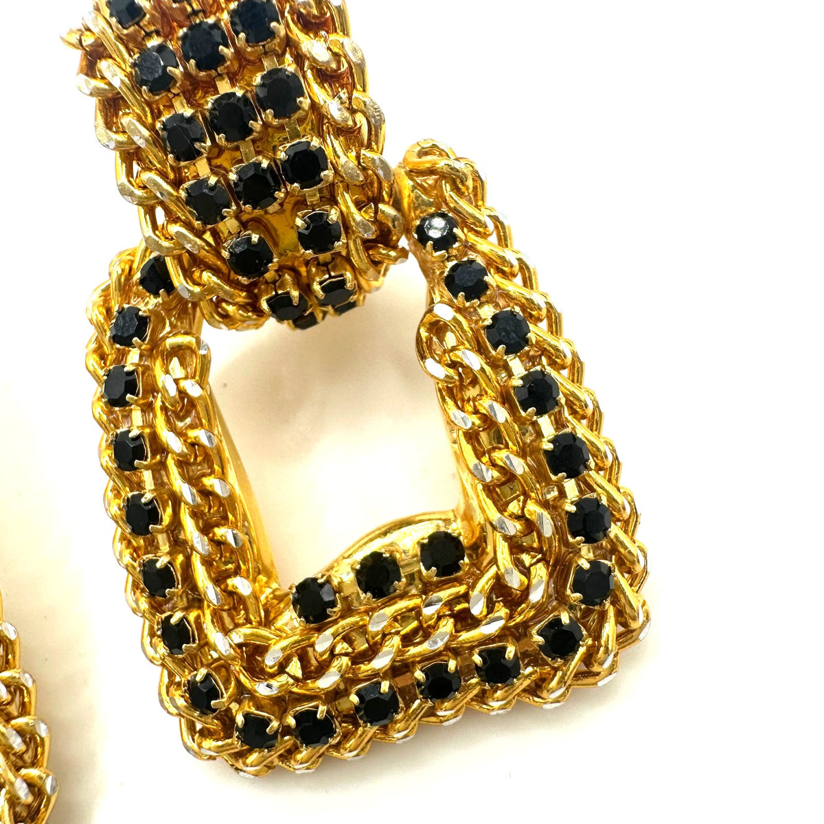 Vintage gold silver two tone black rhinestones door knocker clip on earrings