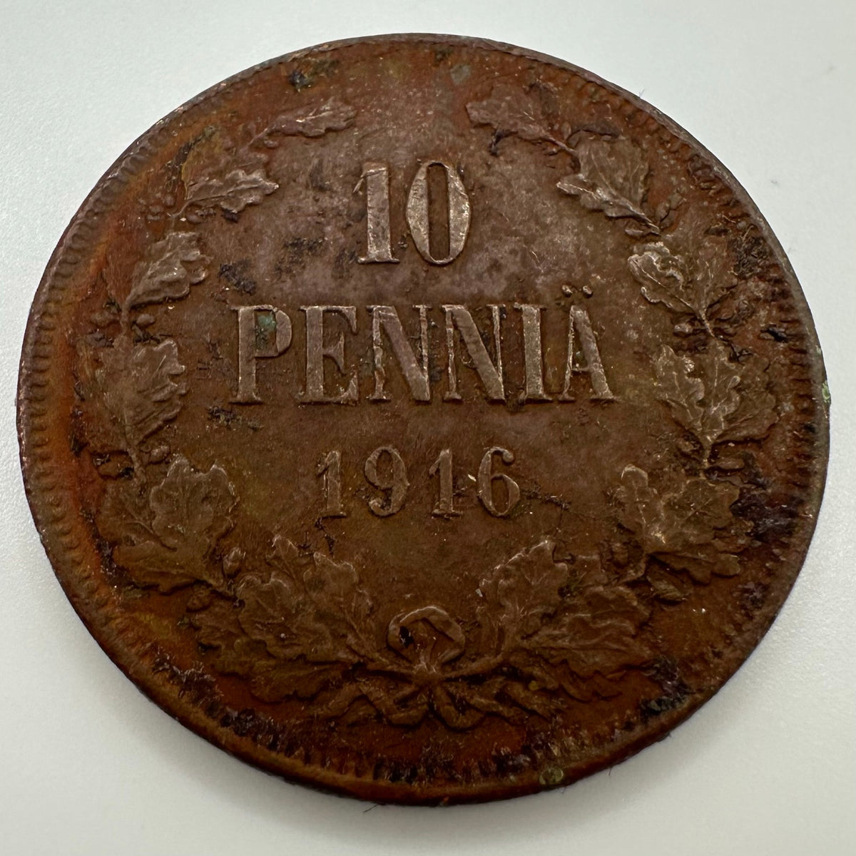 Finland Finnish 1916 antique 10 Pennia solid cooper coin