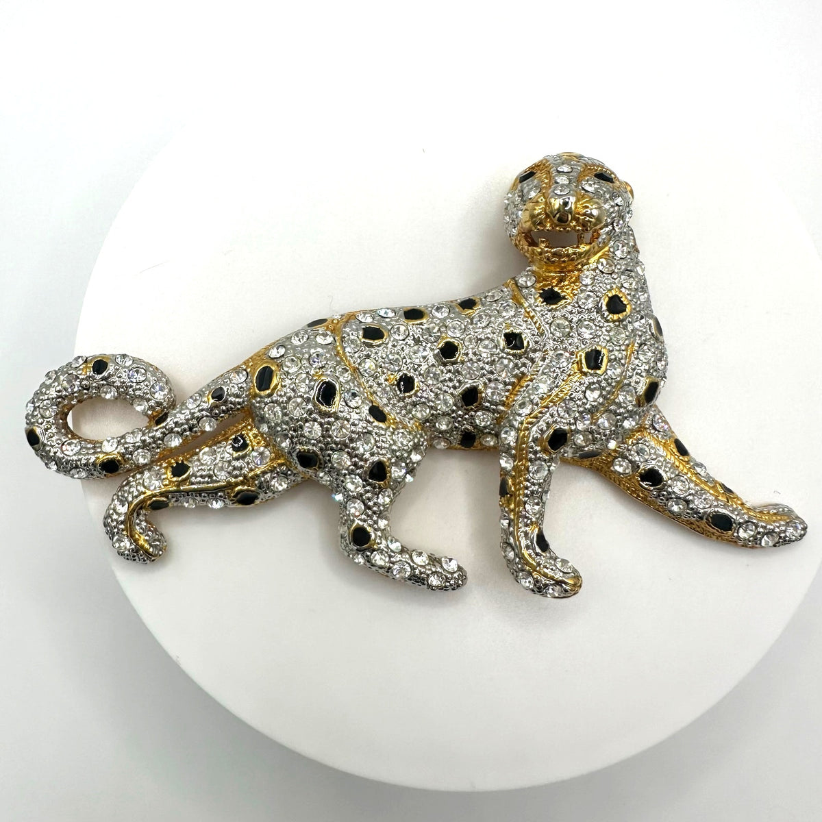 Vintage gold tone clear rhinestones black enamel leopard big cat figural brooch