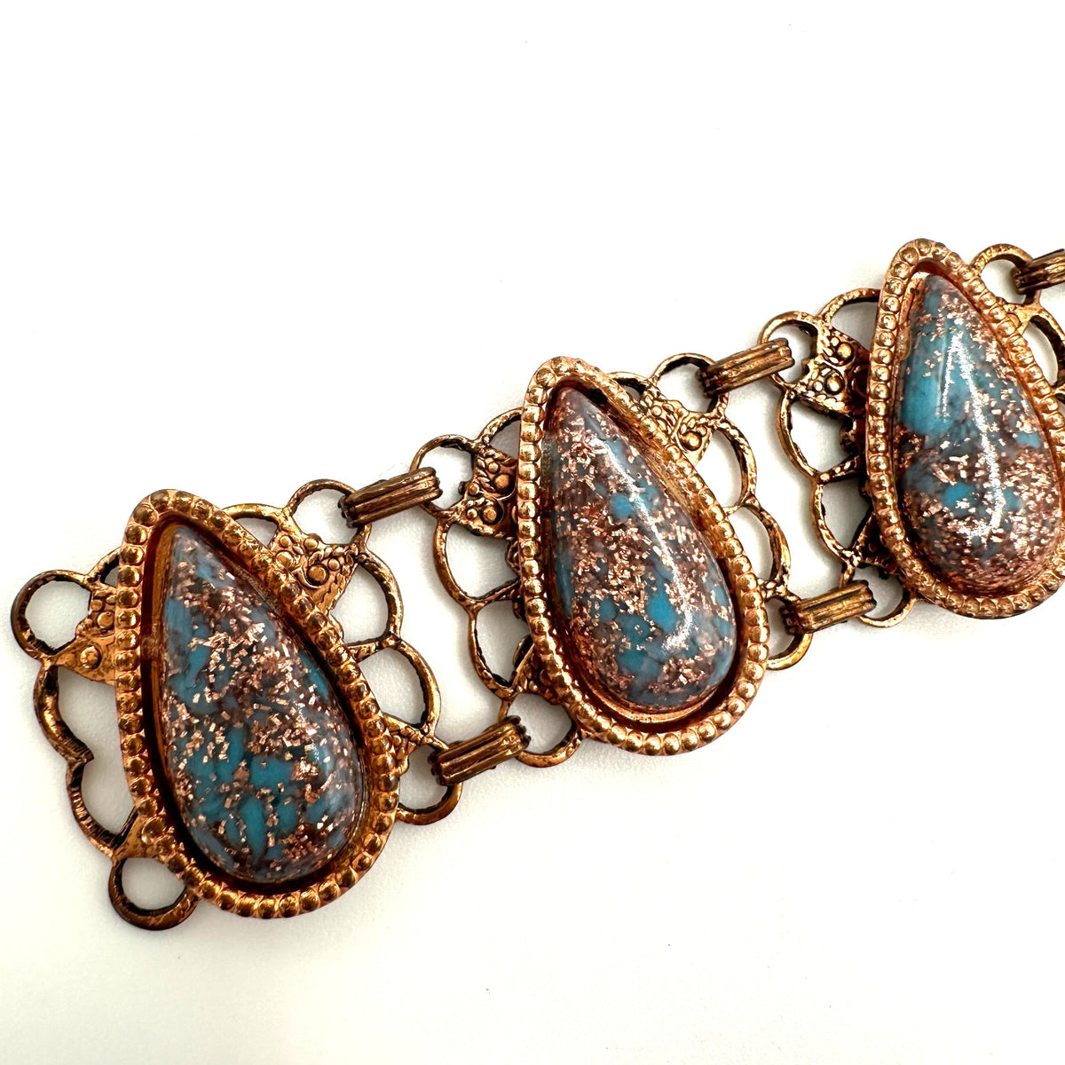 Vintage retro copper tone blue glitter confetti lucite cabochons bracelet