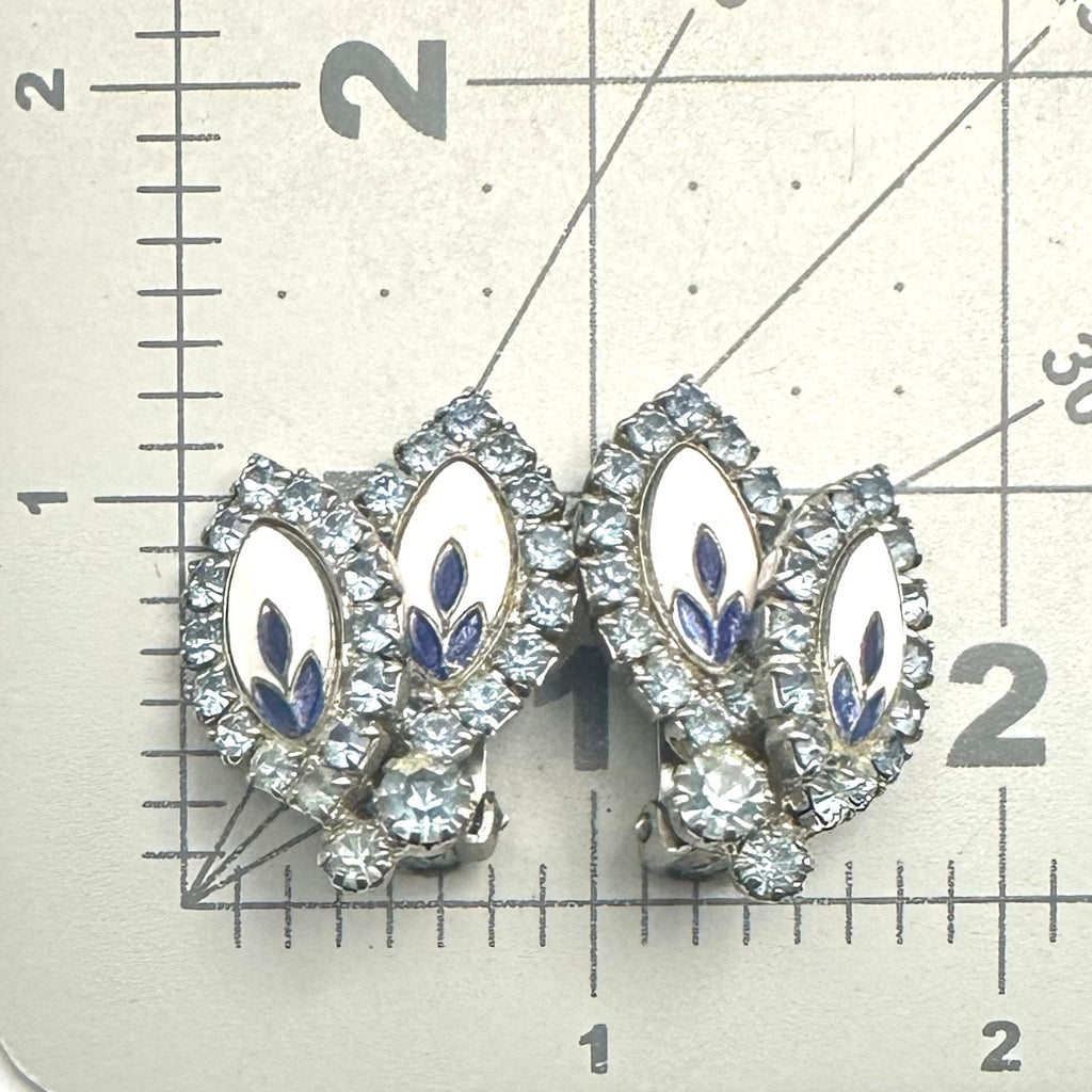 Weiss signed vintage silver tone blue rhinestones white enamel clip on earrings
