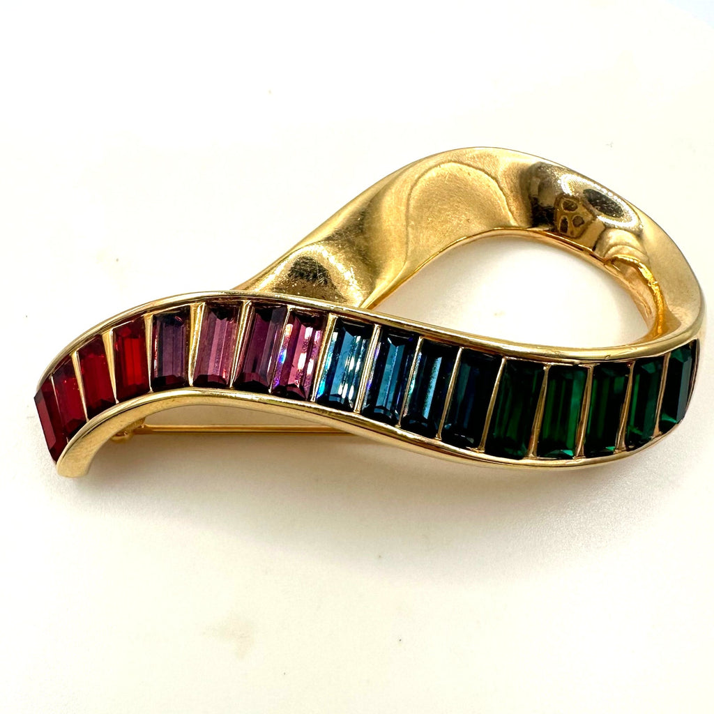 Swarovski Swan signed vintage gold tone rainbow baguettes rhinestones brooch