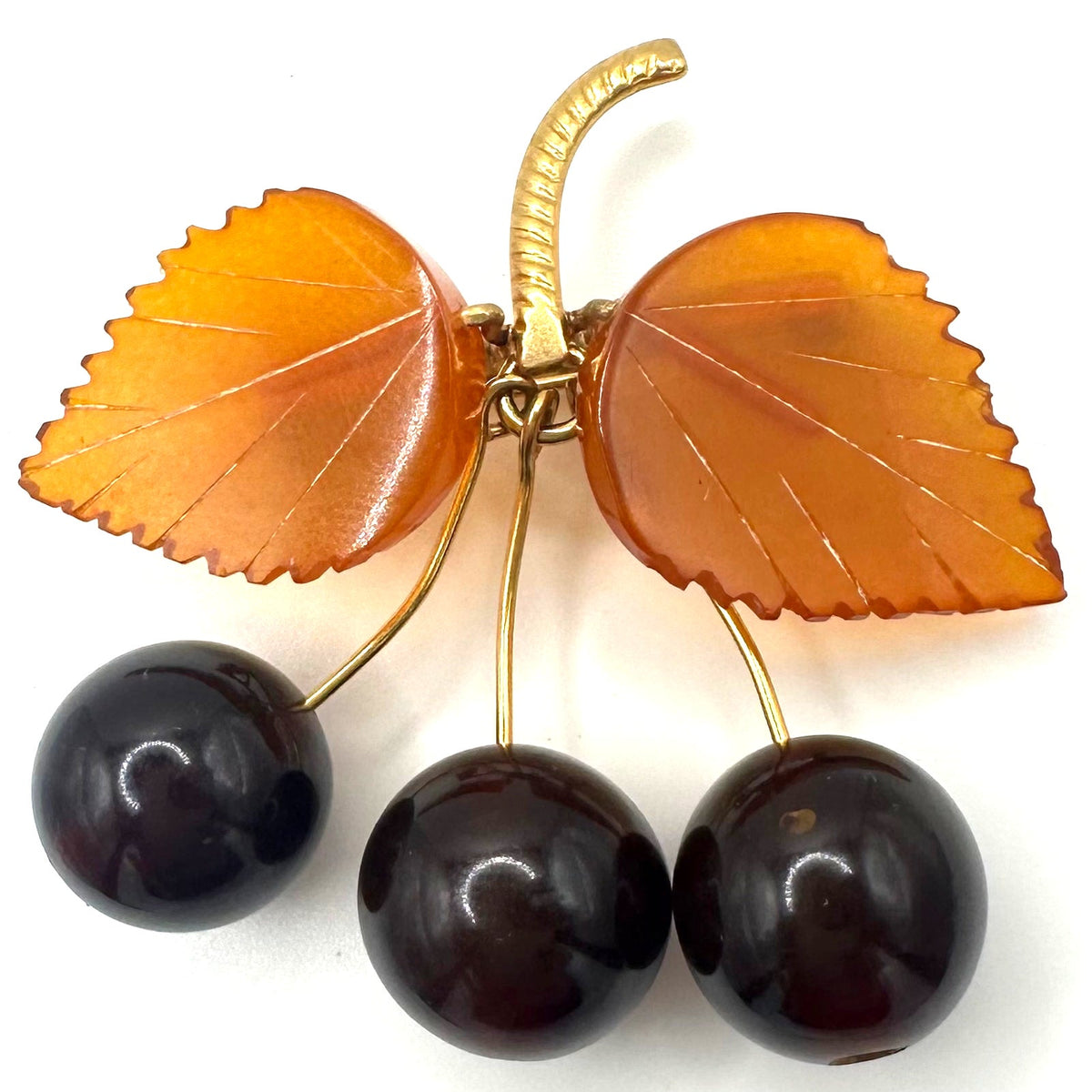 Soviet vintage gold plated genuine Baltic amber beaded cherry cherries brooch