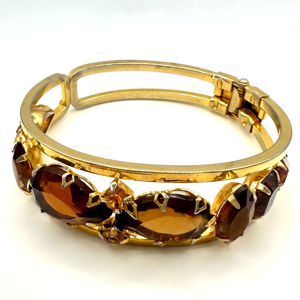 Juliana gold tone brown topaz glass rhinestones clamper bangle bracelet