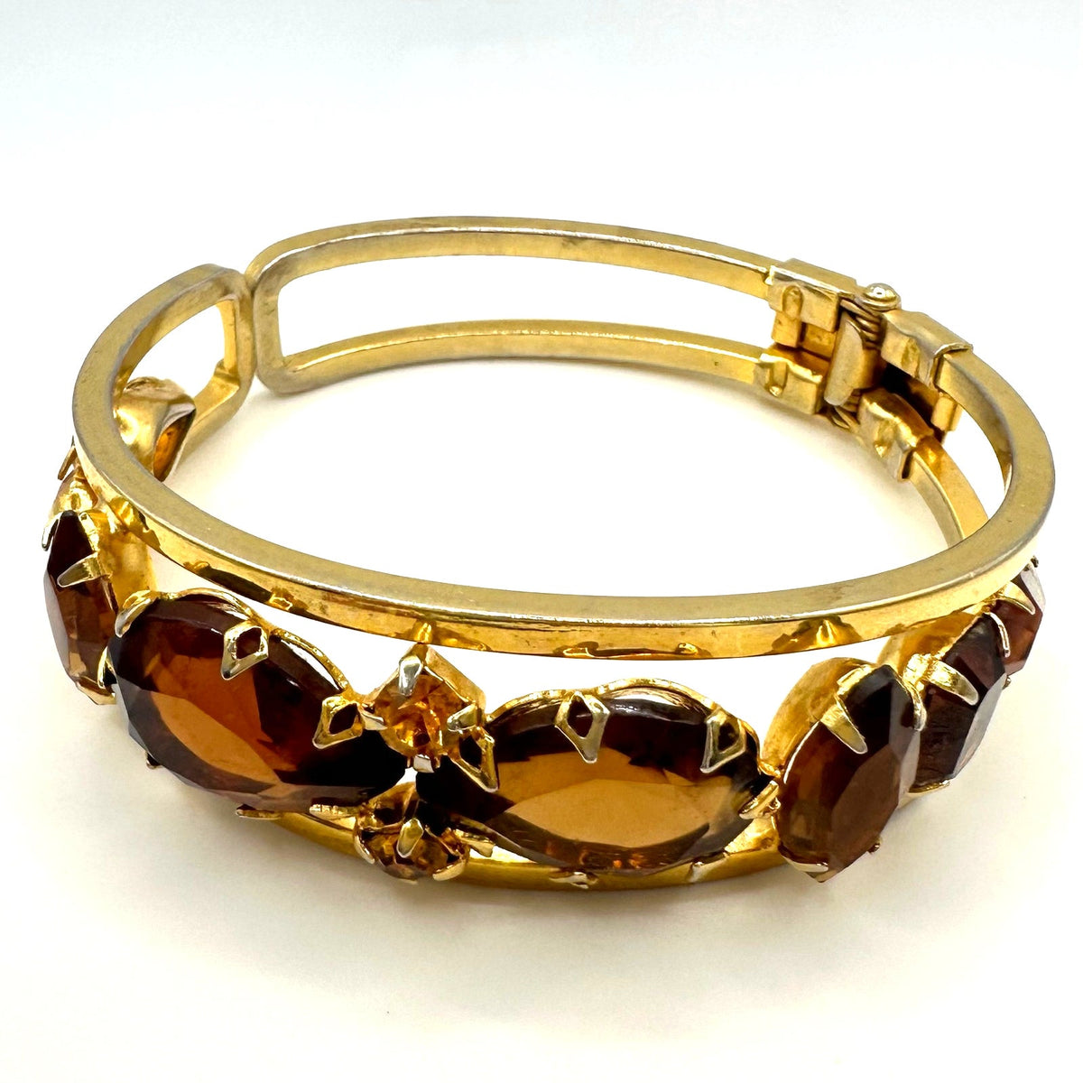 Juliana gold tone brown topaz glass rhinestones clamper bangle bracelet