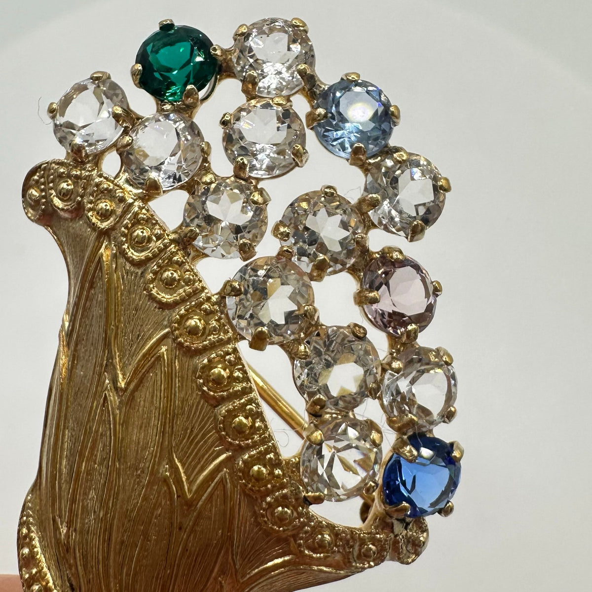 B. David vintage gold tone multicolor glass rhinestones cornucopia brooch