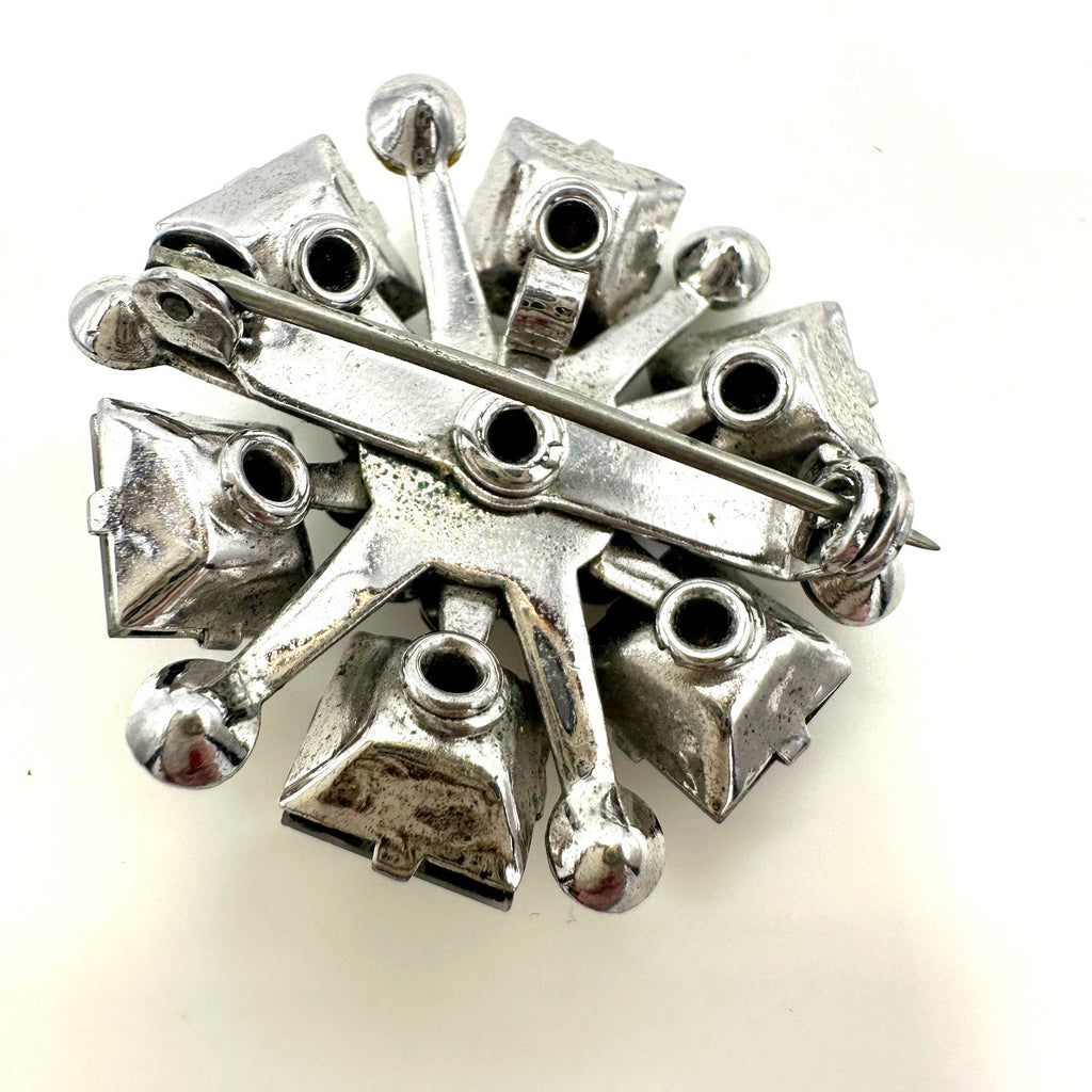 Vintage 1940s 1950s silver tone clear glass rhinestones brooch pendant 1.25"