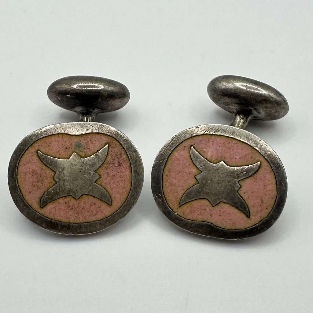 Antique Edwardian sterling silver pink cloisonné enamel bean back cufflinks