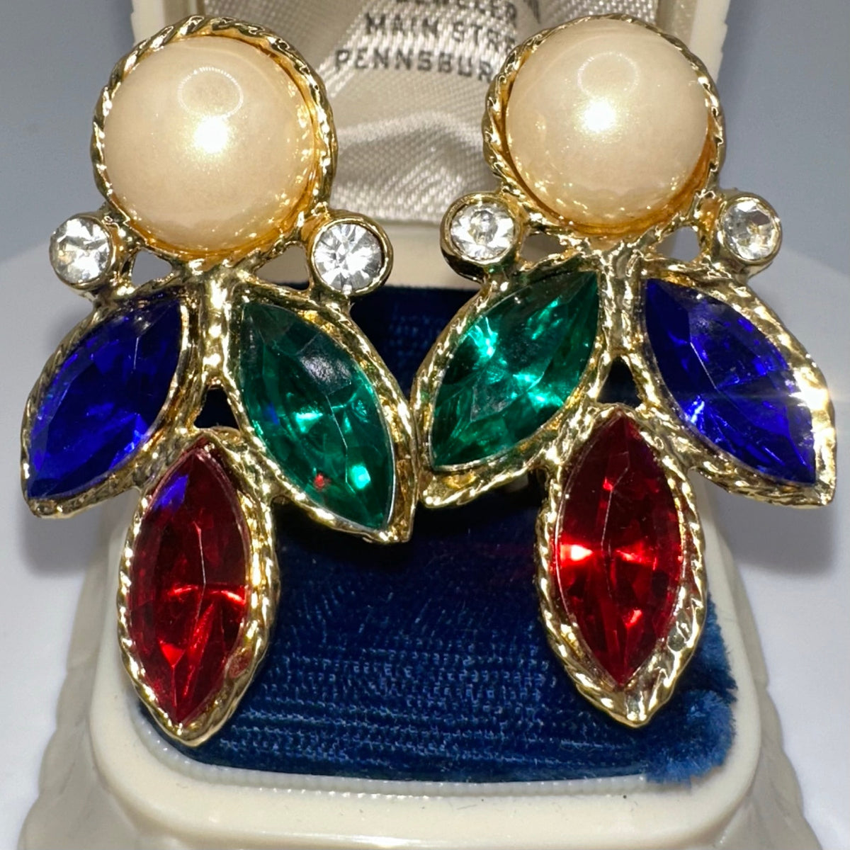 1990s vintage gold tone multicolor rhinestones faux pearls clip on earrings