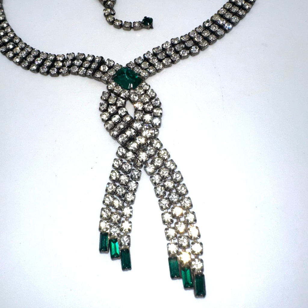 1950s vintage silver tone clear emerald green rhinestones fringe tassel necklace