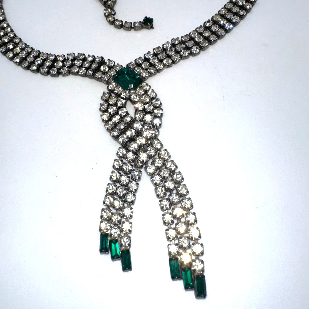 1950s vintage silver tone clear emerald green rhinestones fringe tassel necklace
