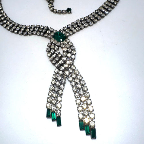 1950s vintage silver tone clear emerald green rhinestones fringe tassel necklace