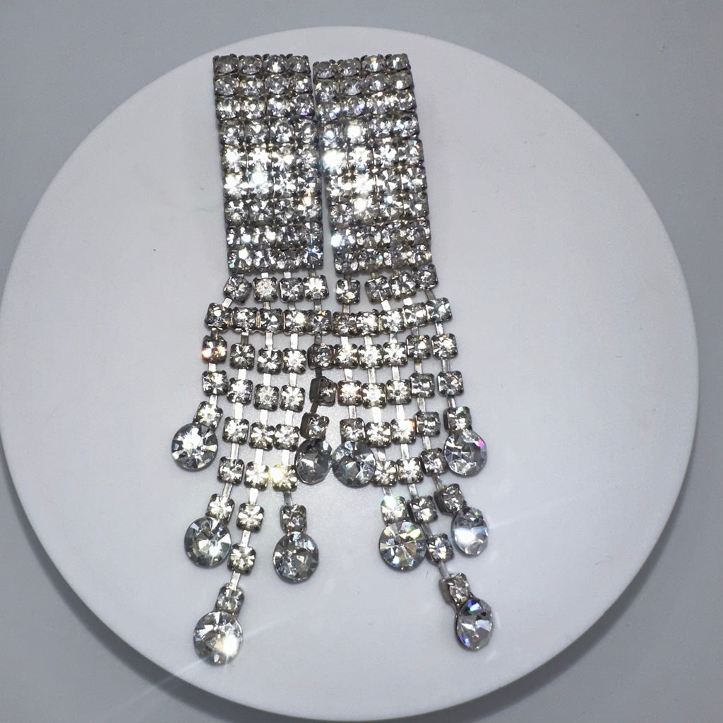 Vintage silver tone clear rhinestones 5 strands fringe 4" drop post earrings