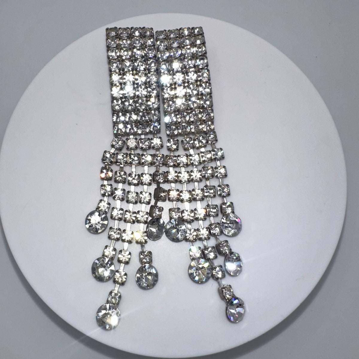 Vintage silver tone clear rhinestones 5 strands fringe 4" drop post earrings