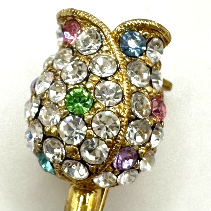 Gold tone clear multicolor glass rhinestones rose flower floral brooch